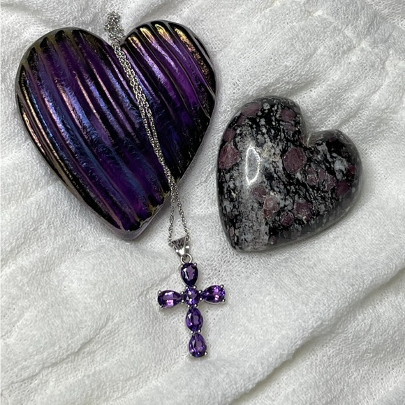 Amethyst & Sterling Silver Cross Necklace 18” Chain Feb. Birthstone Rich Color - Picture 2 of 12